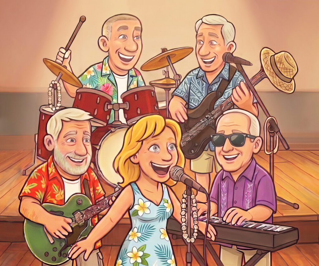 A cartoon image of The Riff Tides band